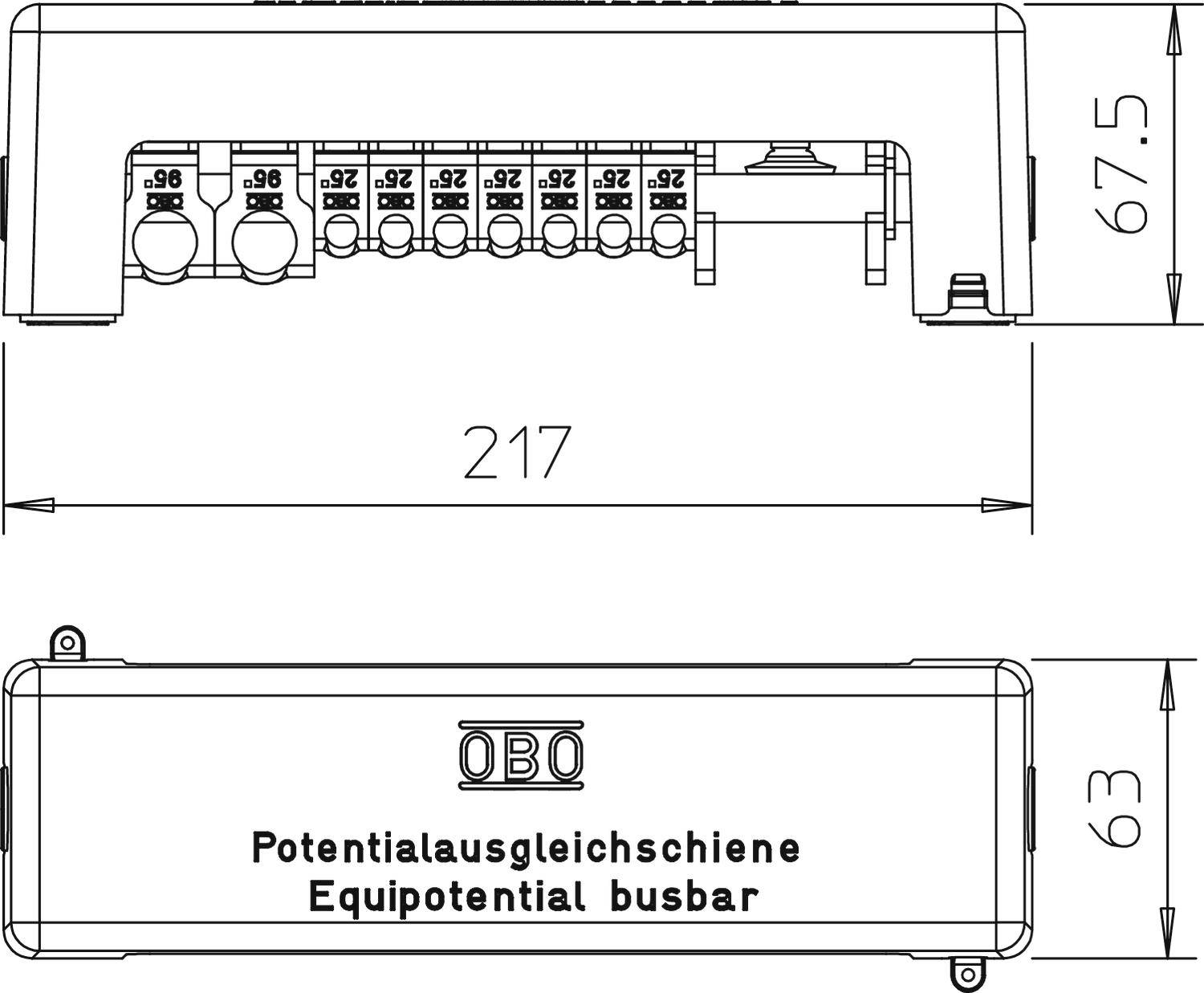 OBO Potentialausgleichschiene, 217 mm breit, 67,5 mm hoch. Sieben Anschlüsse für den Potentialausgleich in elektrischen Installationen.