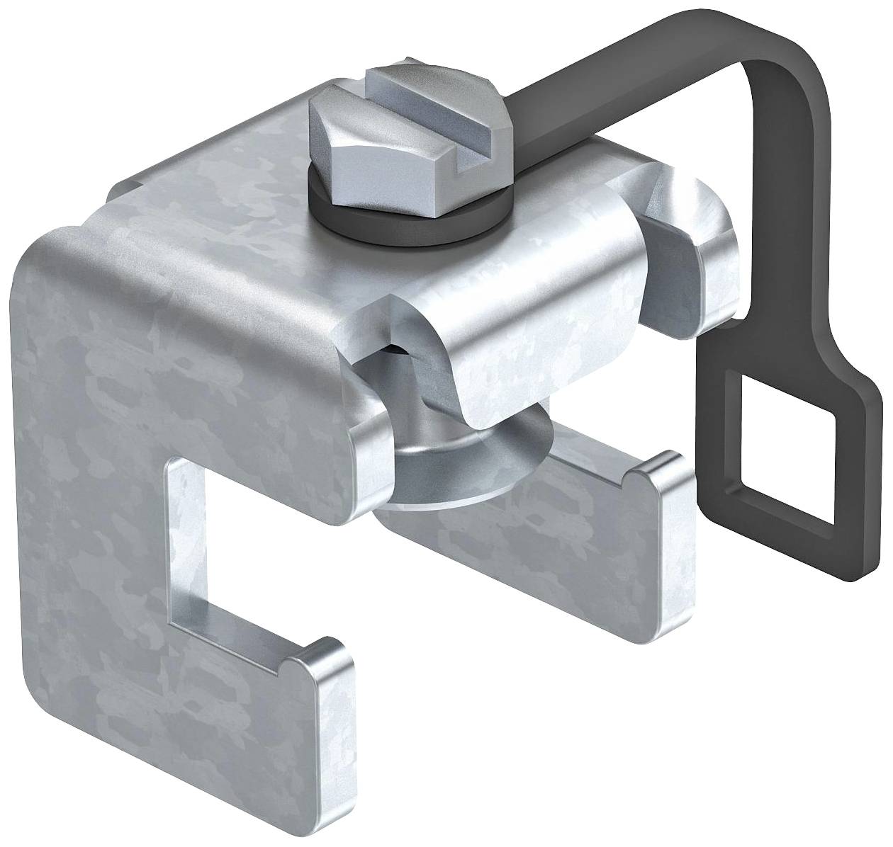 Metall-Befestigungselement mit Schraubmechanismus und Haken, möglicherweise zur Halterung oder Verbindung von Bauteilen.