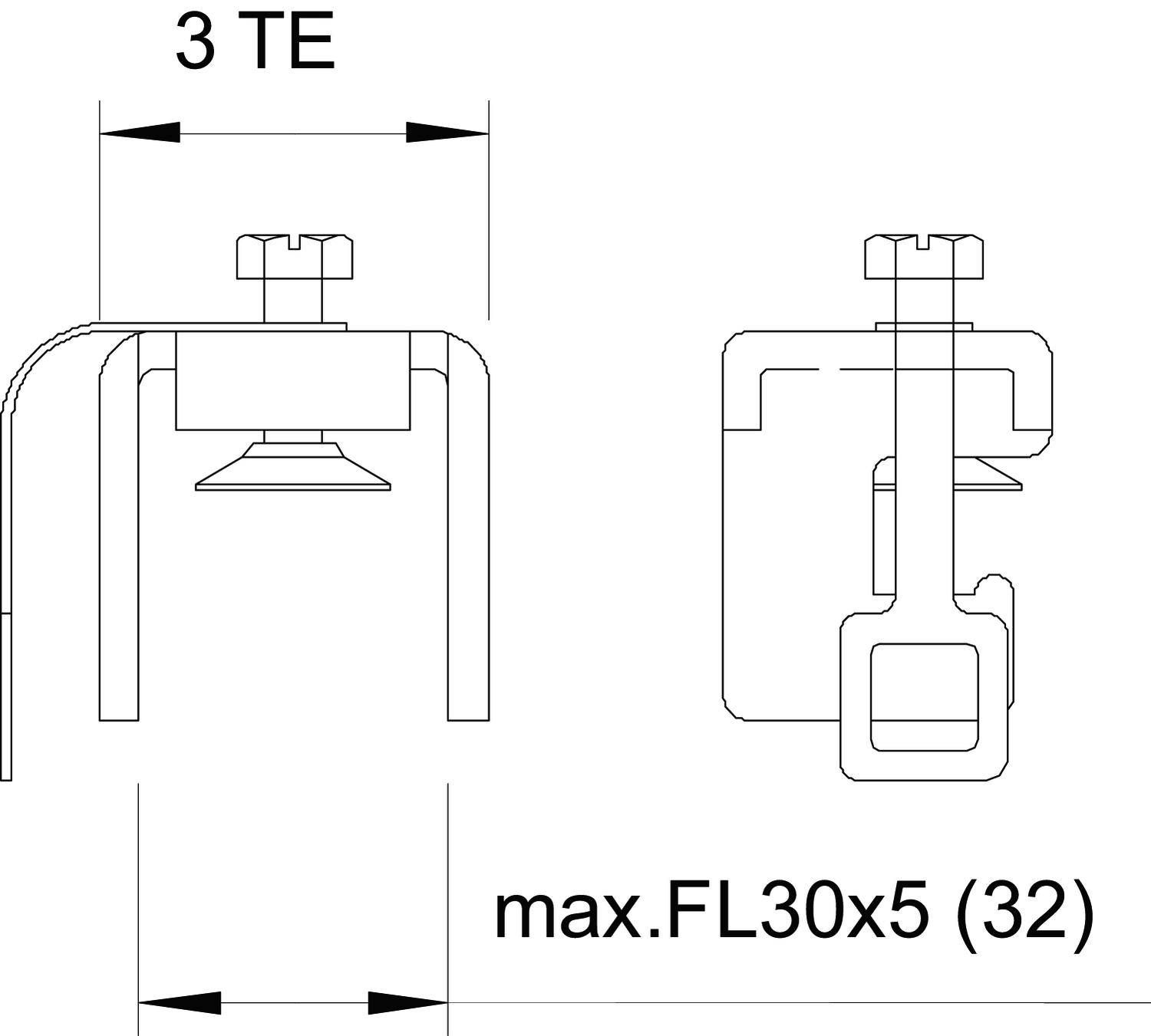 Technische Zeichnung eines Befestigungselements mit den Maßen '3 TE' und 'max.FL30x5 (32)', zeigt Vorder- und Seitenansicht.
