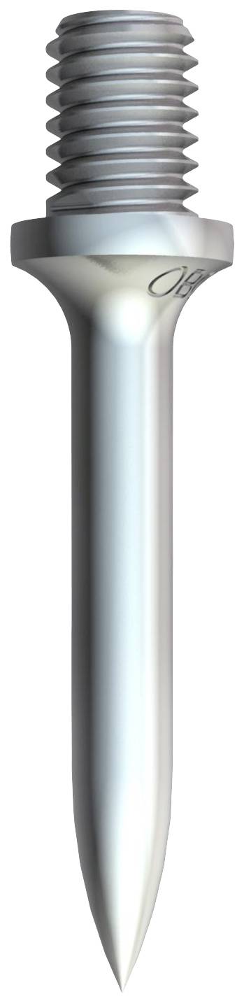 Ein silberner Metallstift mit scharfer Spitze und Gewinde am oberen Ende.