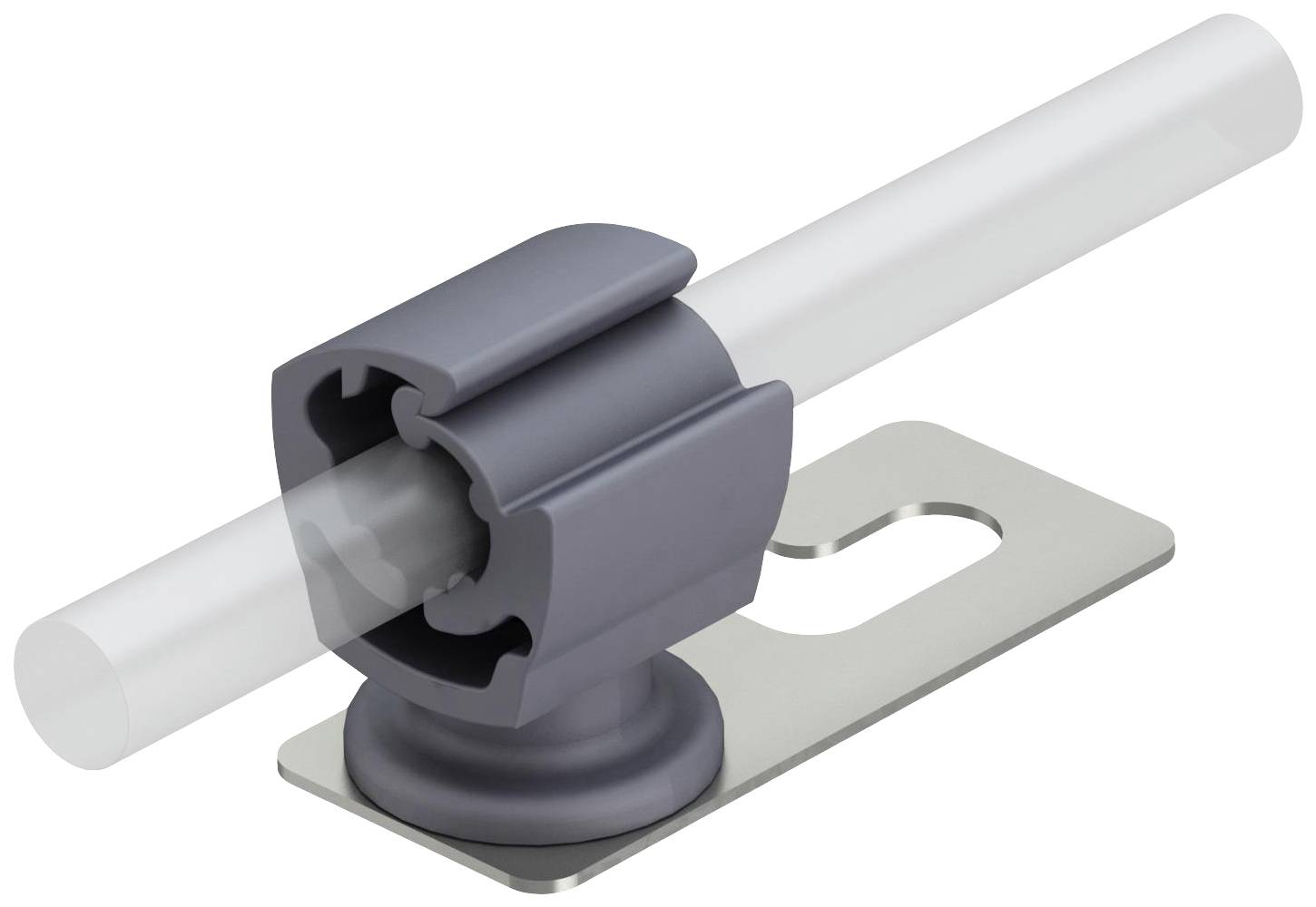 Ein grauer Rollenzapfen-Halter mit durchlaufender weißer Stange ist auf einer rechteckigen Metallbasis befestigt.