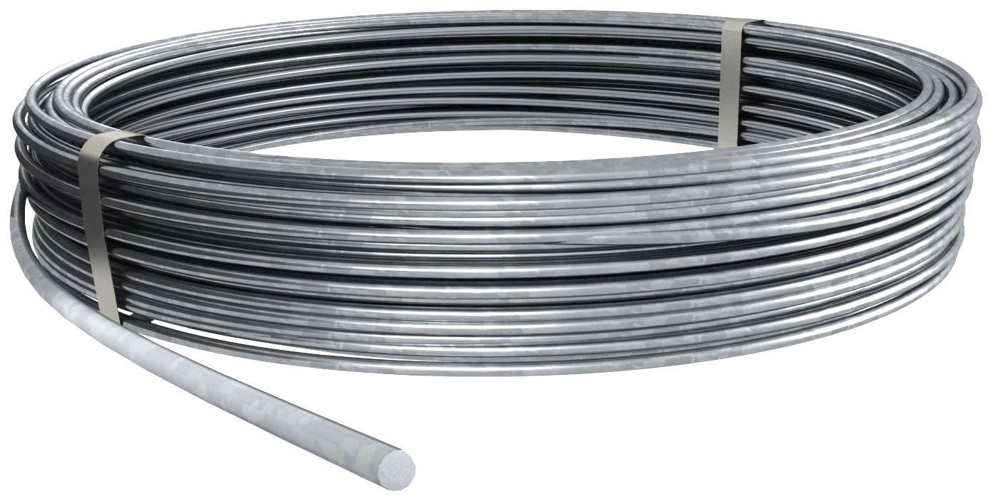 Eine große Rolle aus Metallrohr, eng gewickelt und mit zwei Bändern gesichert. Das Rohrende ragt leicht aus der Rolle heraus.