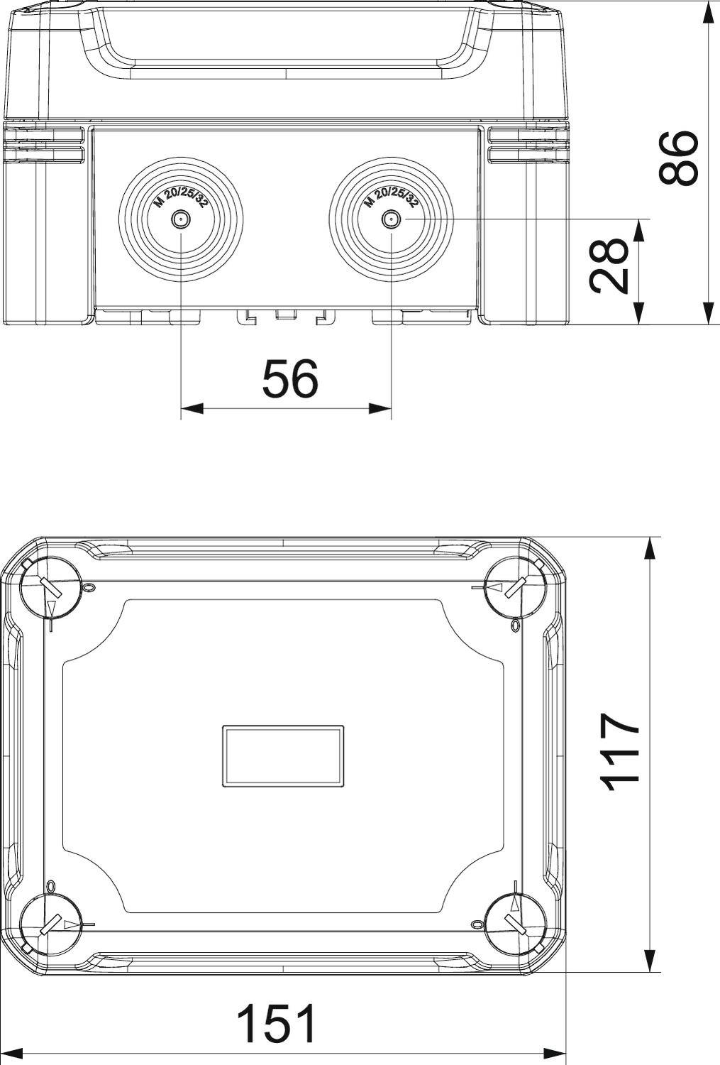 Technische Zeichnung eines rechteckigen Gehäuses mit Maßen: 56 mm Breite, 117 mm Höhe, 151 mm Tiefe. Schraubenlöcher an den Ecken.