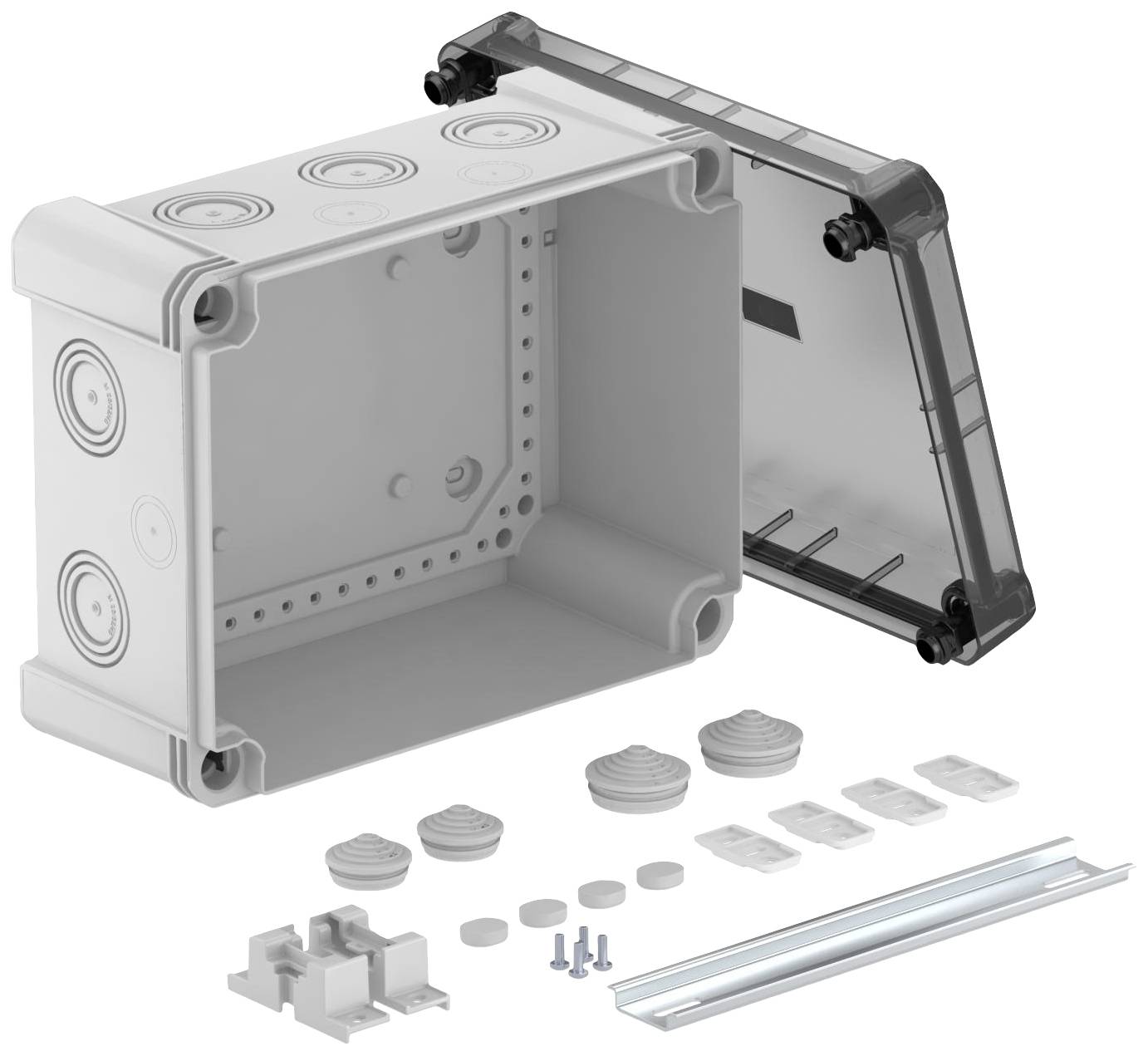 Kunststoff-Elektrobox mit abnehmbarer transparenter Abdeckung und Zubehörteilen wie Schrauben, Dichtungen und Montageplatten.