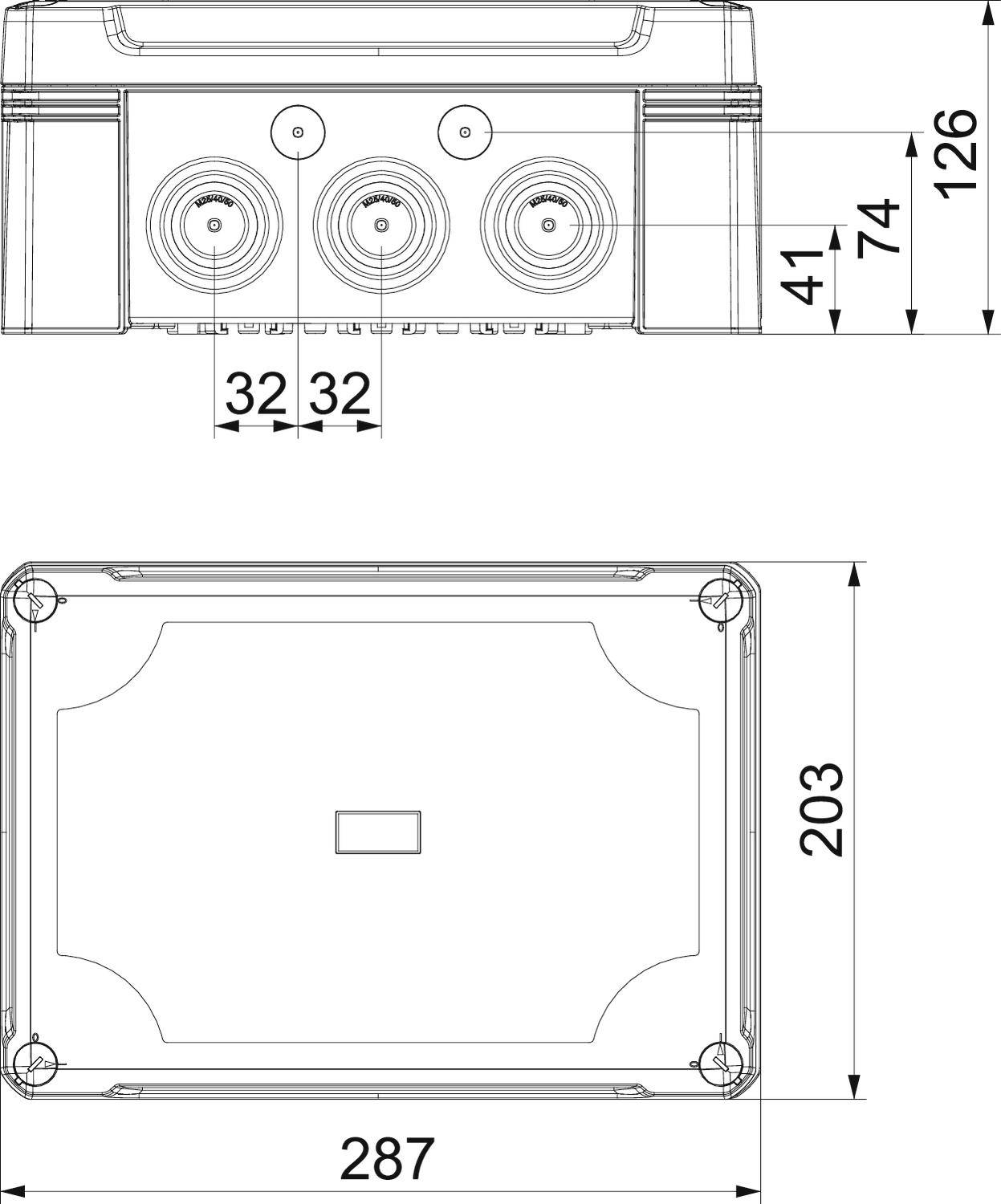Technische Zeichnung eines rechteckigen Gehäuses mit Maßen: 287 mm Breite, 203 mm Höhe, 126 mm Tiefe. Drei runde Öffnungen auf der Vorderseite.