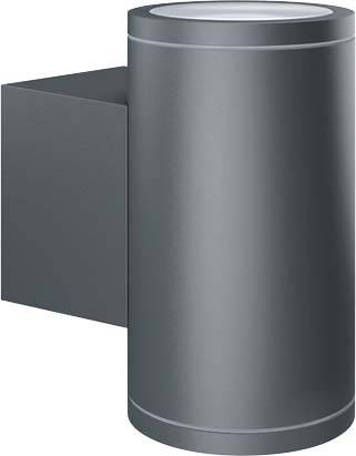 Eine moderne, zylindrische Wandaußenleuchte aus Metall in Anthrazit, angebracht an einer Wandhalterung.