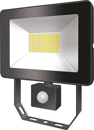 Ein schwarzer LED-Strahler mit integriertem Bewegungsmelder, geeignet für die Außenbeleuchtung. Der Strahler hat ein rechteckiges Design.