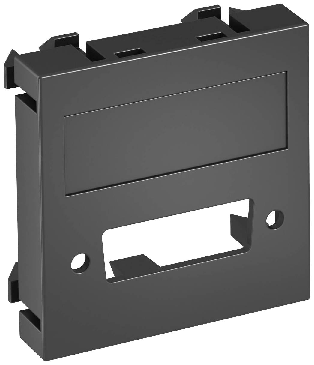 Ein rechteckiges schwarzes Kunststoffgehäuse mit Löchern und Aussparungen, geeignet für die Montage in einem elektrischen Schalttafel.