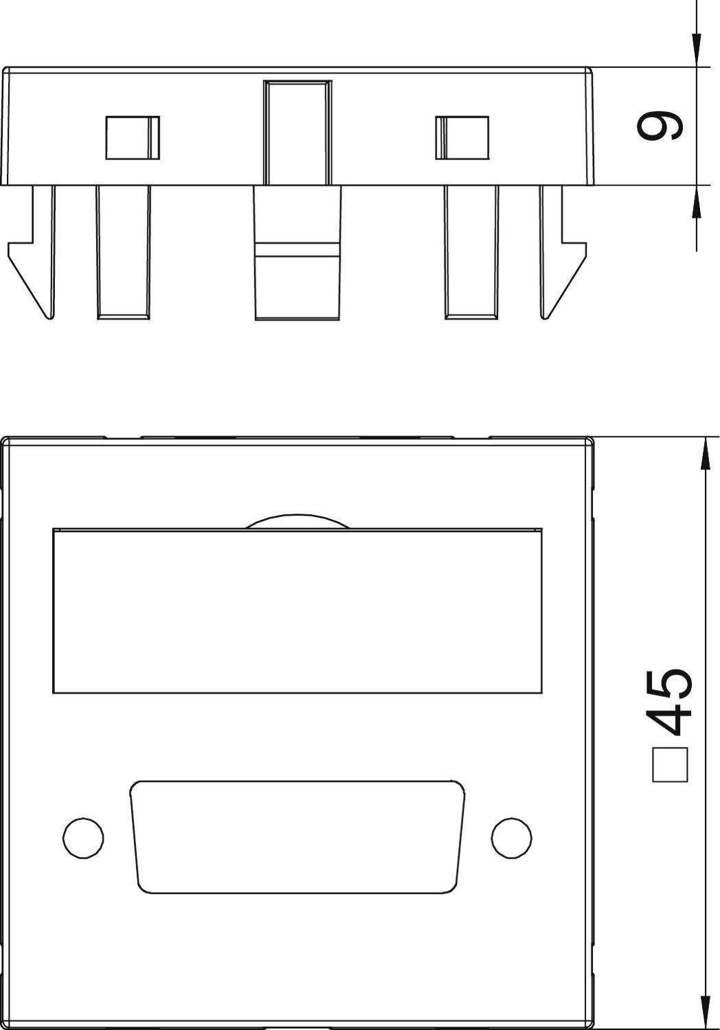 Technische Zeichnung eines rechteckigen Steckers mit zwei Steckverbindungen. Maße sind 9 mm in Höhe und 45 mm in Breite angegeben.