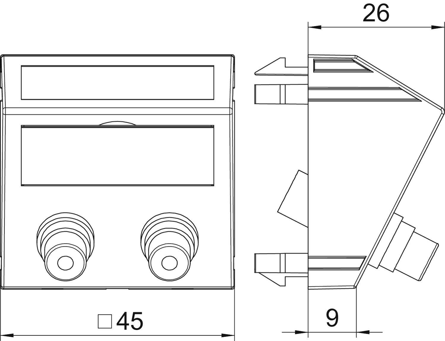 Technische Zeichnung eines Gerätesteckers mit den Maßen 45 x 26 x 9 mm. Vorderansicht zeigt zwei Steckkontakte, Seitenansicht das Profil.