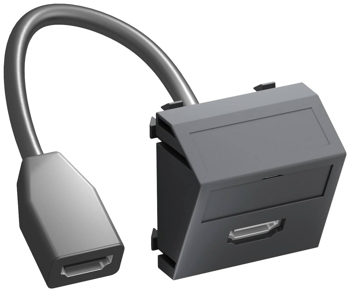 Adapter mit HDMI-Stecker und -Buchse, verbunden durch ein kurzes Kabel. Dient zum Anschluss von HDMI-Geräten.
