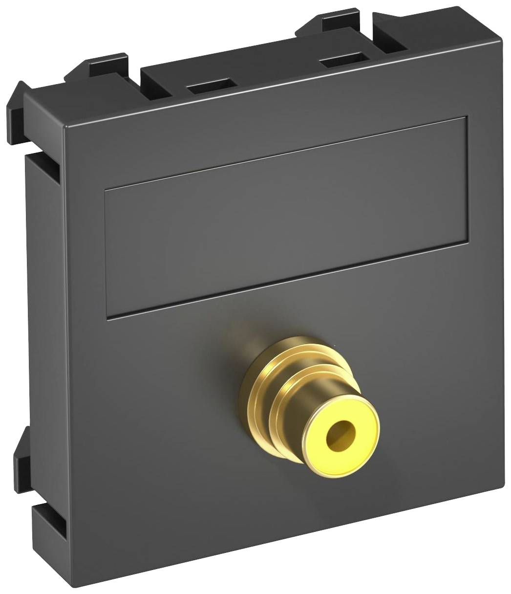 Schwarze Steckdose mit einer einzelnen gelben RCA-Buchse, geeignet für Audio- oder Videoanschlüsse in einem elektronischen Gerät.