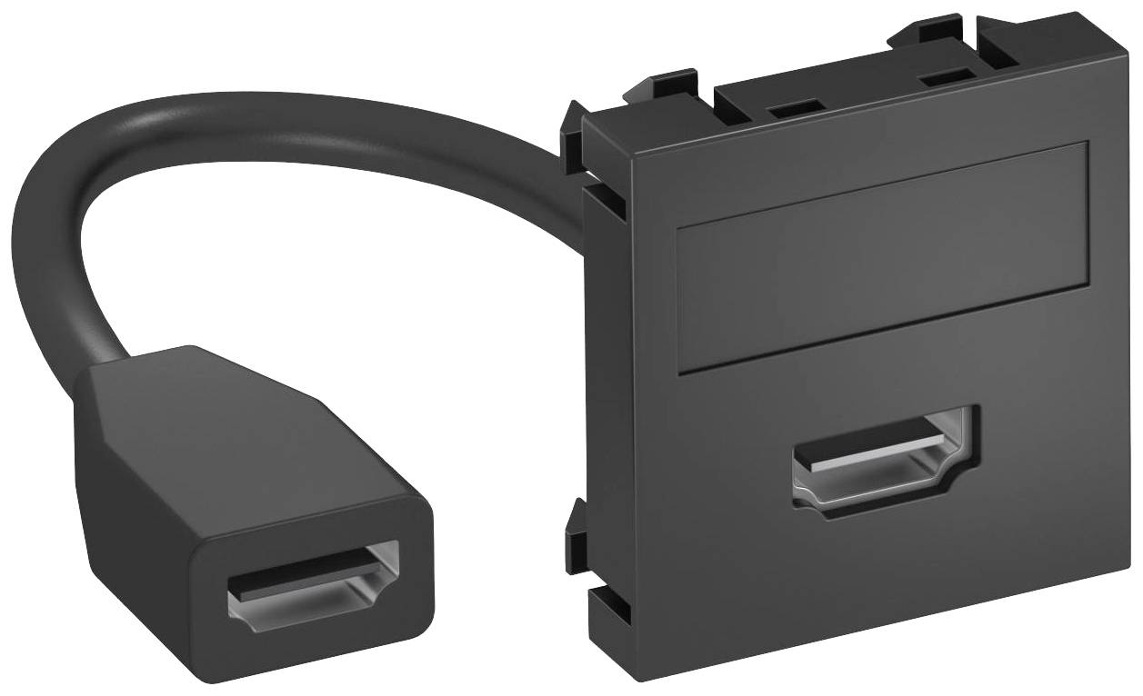 'Schwarzer Adapter mit HDMI-Anschluss' auf einer flexiblen Strippe, geeignet zur Befestigung in einem Paneel oder Gehäuse.