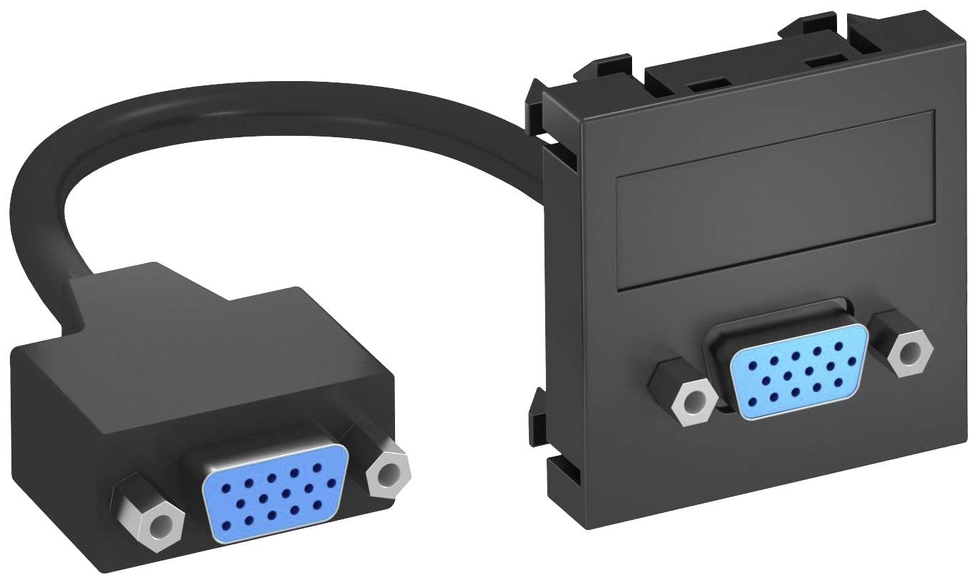 Zwei VGA-Stecker mit blauen Anschlüssen, verbunden durch ein kurzes schwarzes Kabel. Sie eignen sich für Videoverbindungen.
