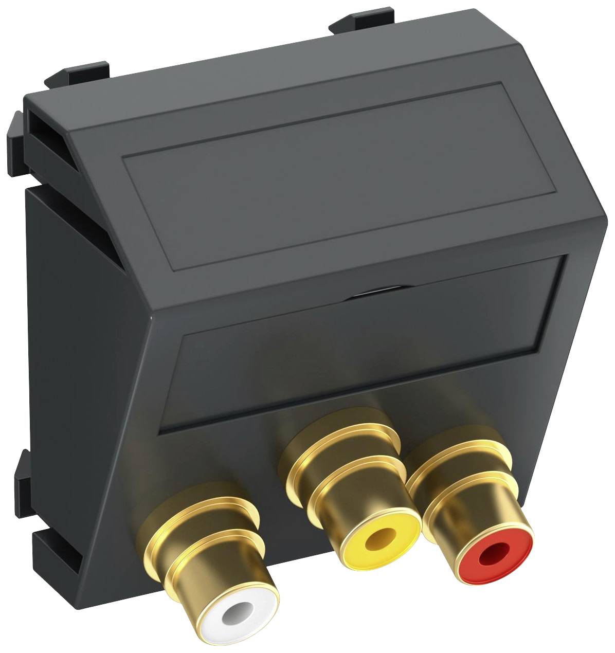 Ein schwarzer Adapter mit drei farbigen Audio-Anschlüssen: weiß, gelb und rot. Wird häufig für Audio- und Videoverbindungen verwendet.