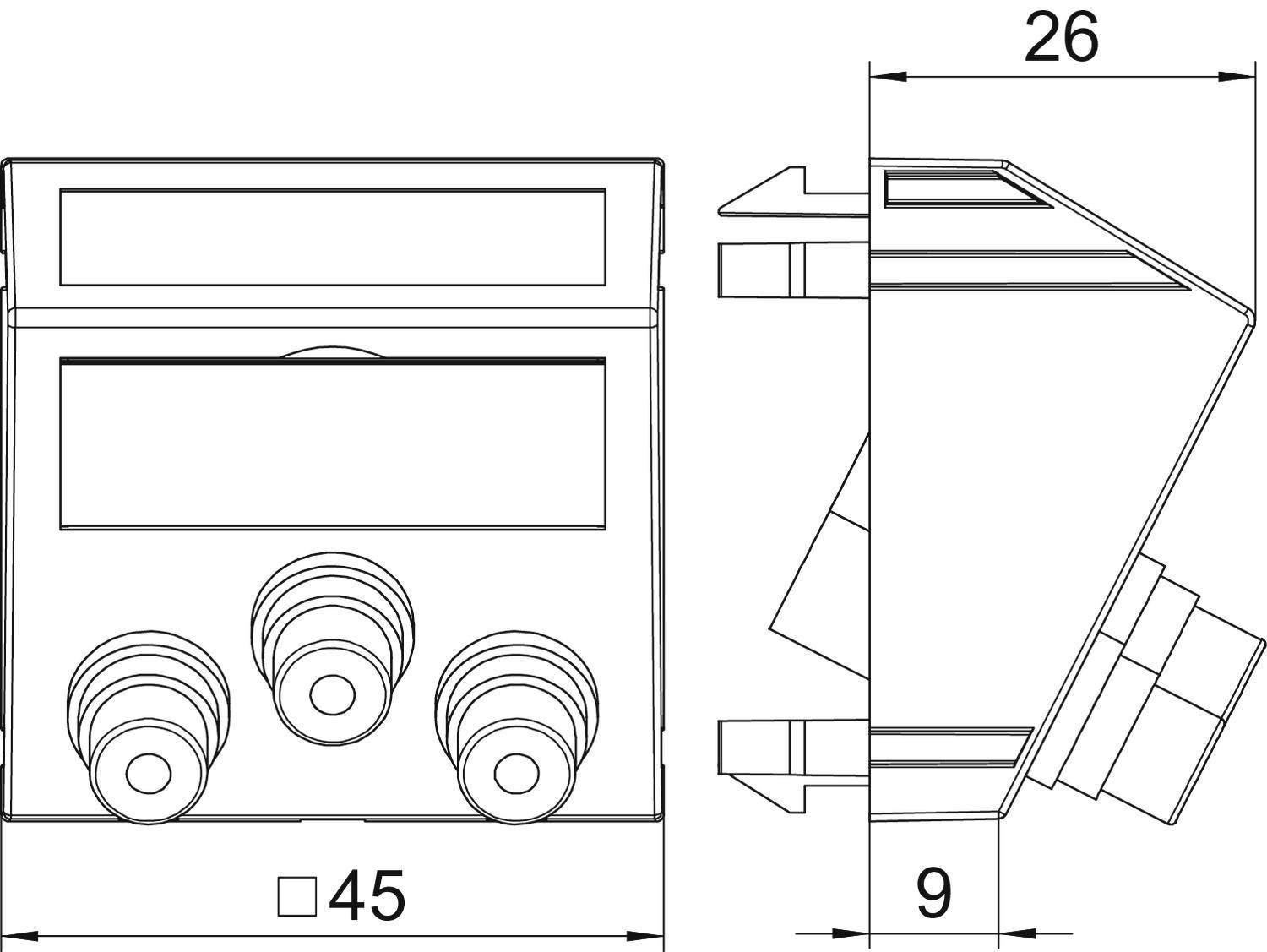 Technische Zeichnung eines rechteckigen elektrischen Geräts mit drei Knöpfen auf der Vorderseite. Maße: 45x26x9 mm.