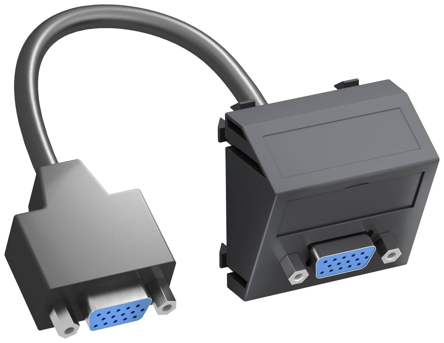 Ein VGA-Kabeladapter mit einem male (blauer Anschluss) und einem female Ende, geeignet für den Anschluss von Computern an Monitore.