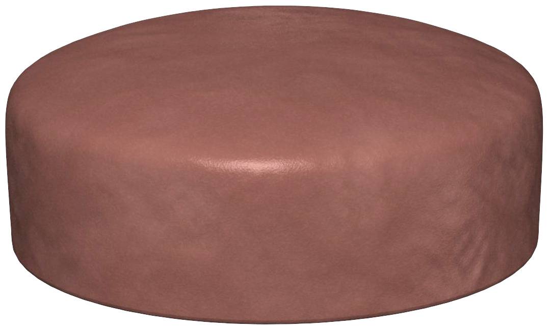 Runde, braune Ottomane aus Leder, niedrig und schlicht im Design. Geeignet als Fußstütze oder zusätzlicher Sitzplatz in modernen Räumen.