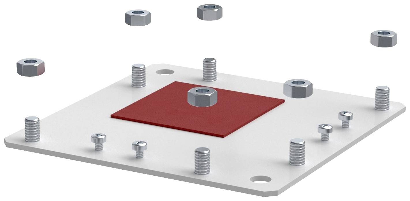 Weiße Metallplatte mit einem roten Quadrat in der Mitte. Mehrere Schrauben und Muttern sind auf und um die Platte verteilt.
