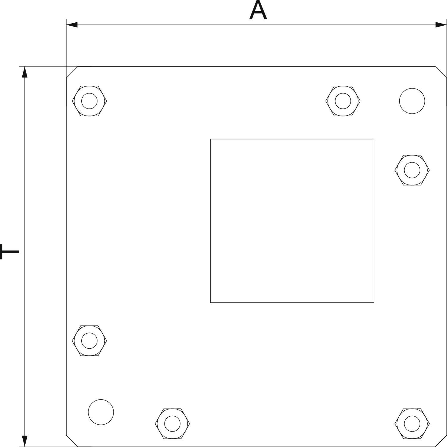 Technische Zeichnung einer quadratischen Metallplatte mit einer zentralen Aussparung und symmetrisch angeordneten Bohrungen an den Ecken.