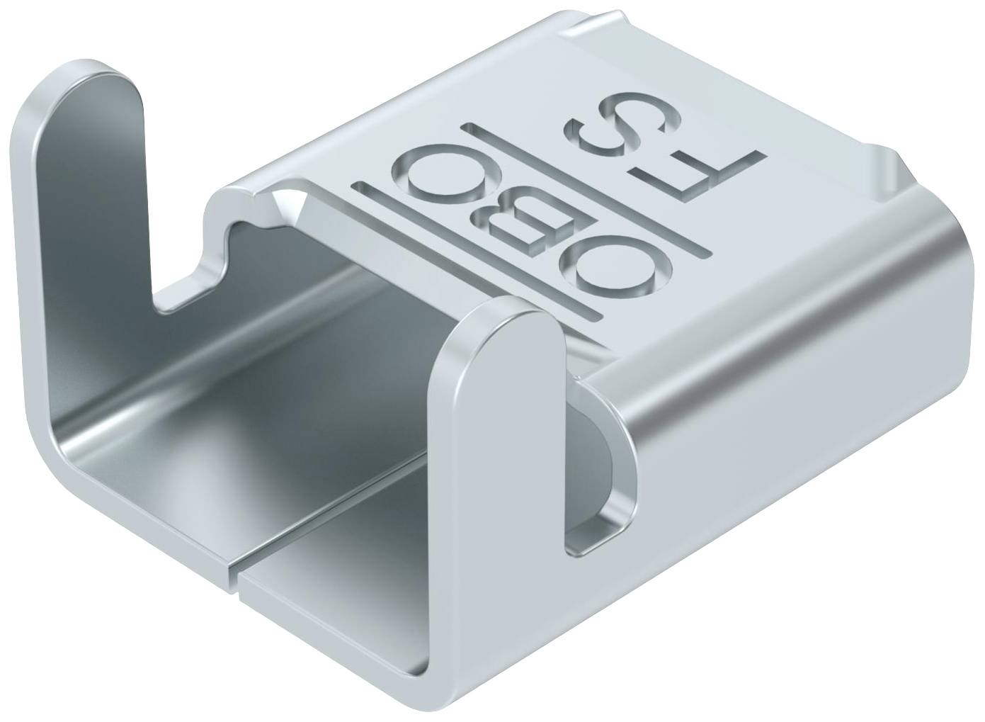 Ein silbernes Metallobjekt mit der Aufschrift 'OBF L5'. Es hat zwei offene Enden und wirkt industriell, möglicherweise ein Befestigungselement.