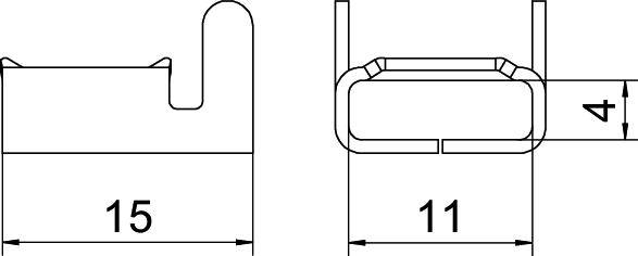 Technische Zeichnung eines Querschnitts mit Maßen: Breite 15 mm, Innenbreite 11 mm, Höhe 4 mm. Zeigt Profilansicht eines Bauteils.