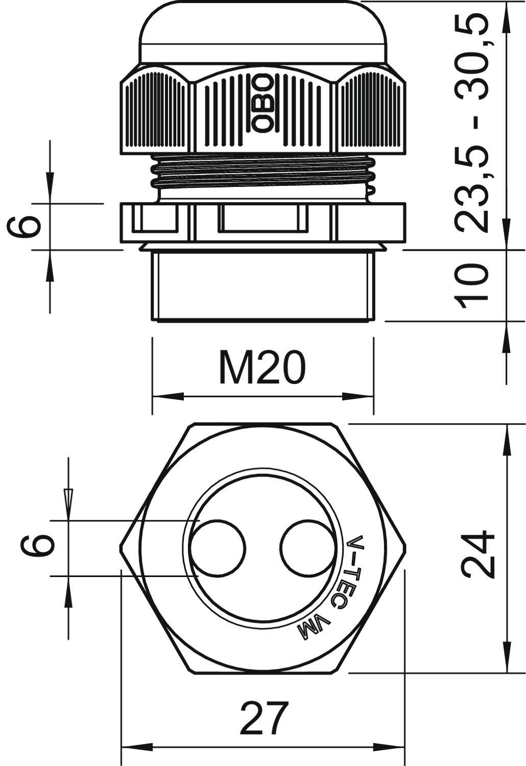 Technische Zeichnung einer Kabelverschraubung. Die Maße sind: Höhe 23,5–30,5 mm, Breite 27 mm, Gewinde M20. Oben Ansicht der Seiten- und Unterseite.