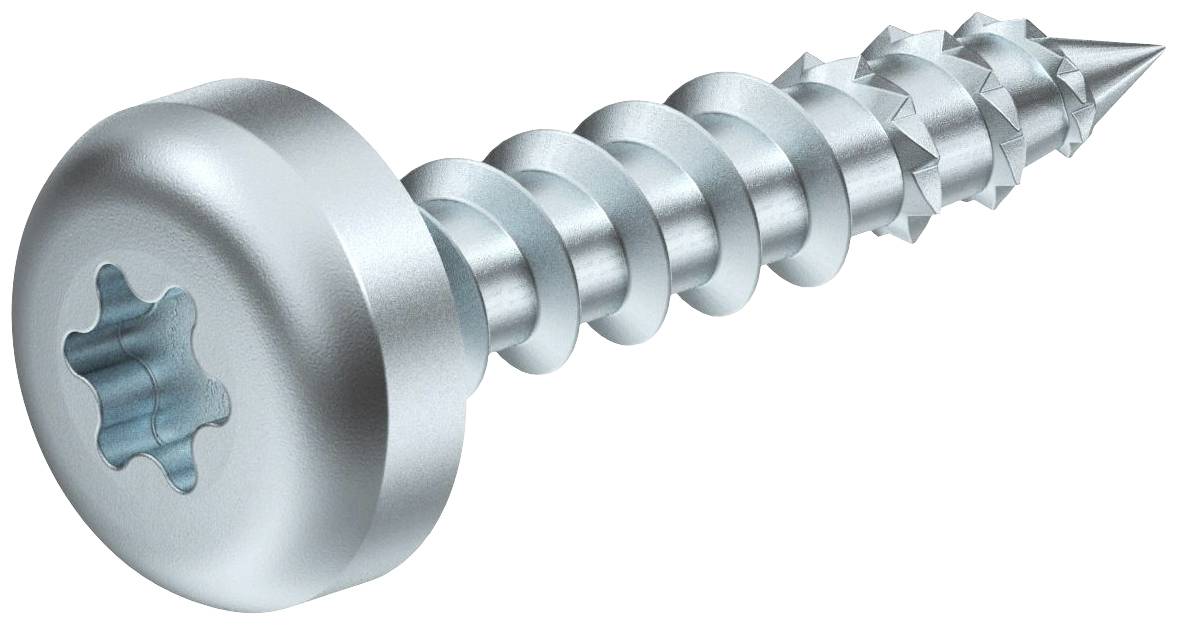 Metallschraube mit rundem Kopf und selbstschneidendem Gewinde, geeignet für die Verbindung von Metallteilen.