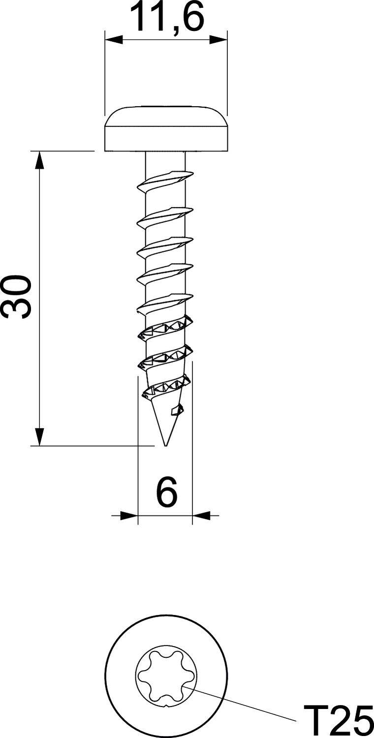 Technische Zeichnung einer Schraube mit Rundkopf, Länge: 30 mm, Kopfbreite: 11,6 mm, Schaftdurchmesser: 6 mm, Antrieb: T25.