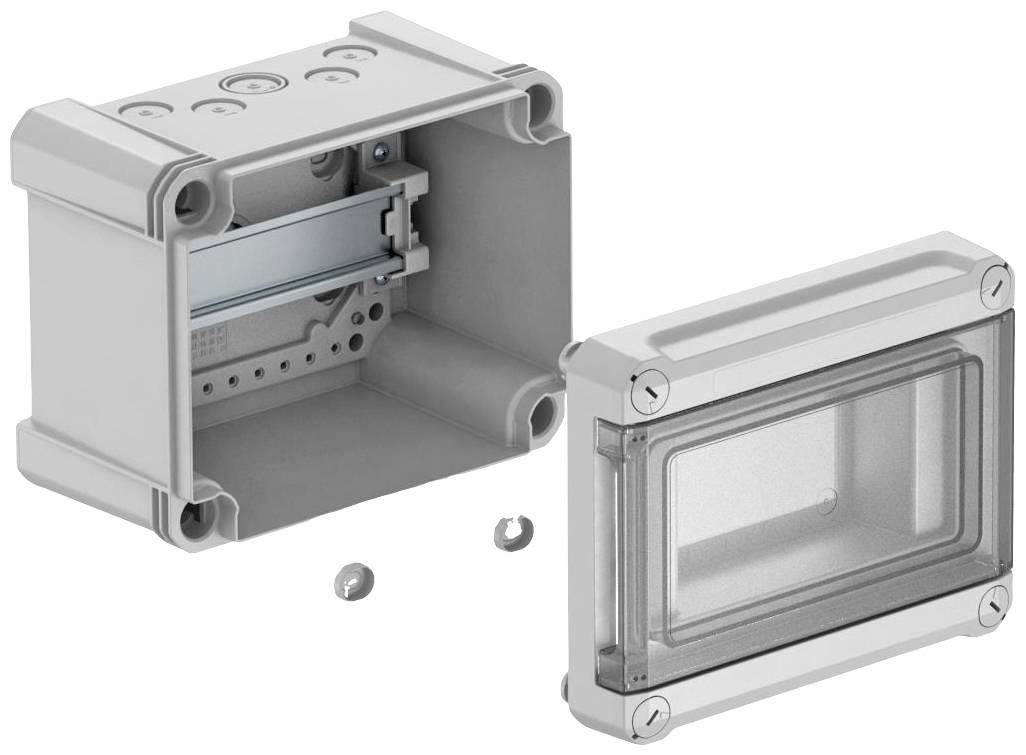 Ein graues, rechteckiges Gehäuse aus Kunststoff mit abnehmbarer, transparenter Abdeckung. Geeignet für elektronische Komponenten.