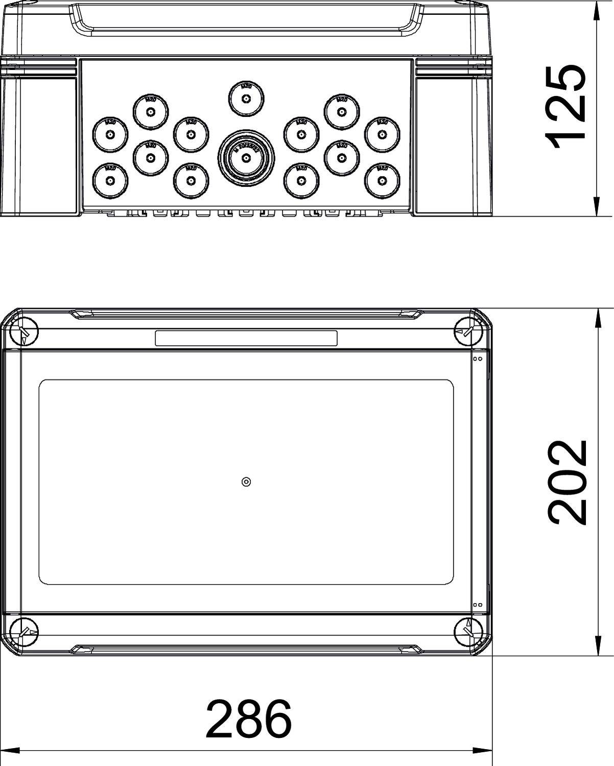 Technische Zeichnung eines rechteckigen Geräts mit Maßen 286 x 202 x 125 mm. Ansicht zeigt Vorder- und Oberseite mit Kabelanschlüssen.