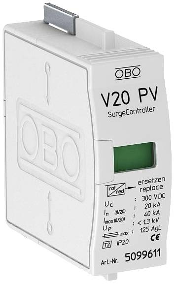 OBO V20 PV Überspannungsschutzgerät für 300 VDC, Schutzstrom 20 kA, Schutzklasse IP20, geeignet zur Montage in Photovoltaikanlagen.