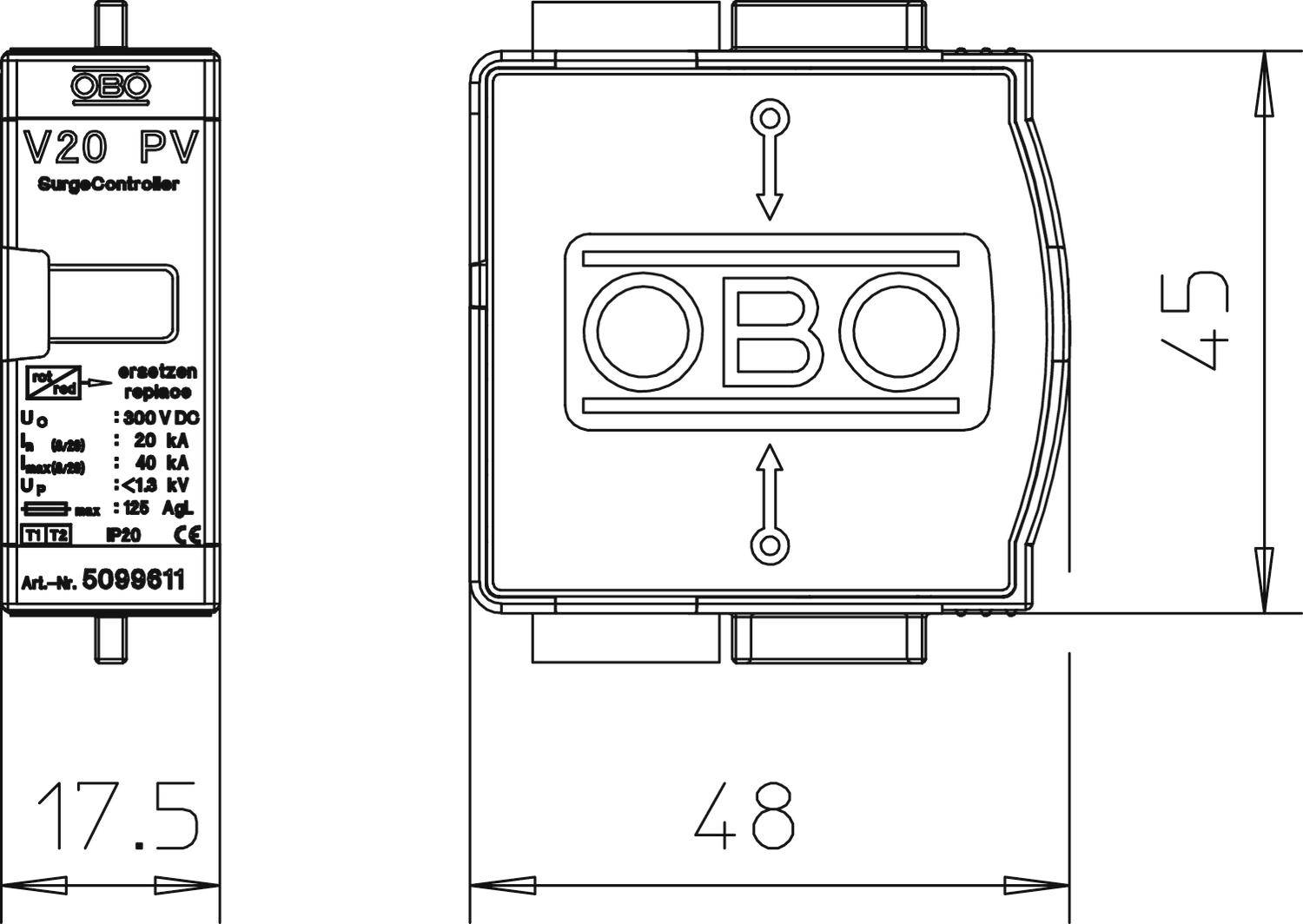 Technische Zeichnung eines Überspannungsschutzes mit den Maßen 17,5 mm Breite und 45 mm Höhe. Herstellerlogo und Artikelnummer sind sichtbar.