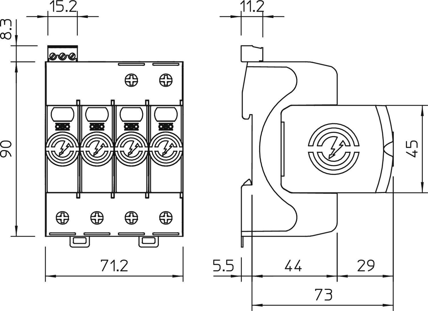 Technische Zeichnung eines elektrischen Schalters mit vier Schaltern und Abmessungen in Millimetern. Zeigt Vorder- und Seitenansicht.