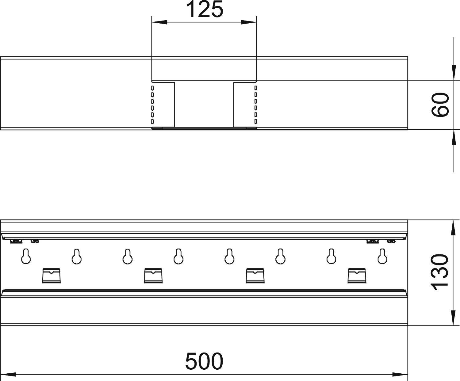 Zeichnung eines LED-Profils mit Bemaßungen: Oben Breite 125 mm, Höhe 60 mm; unten gesamtes Modul 500 mm breit, 130 mm hoch.