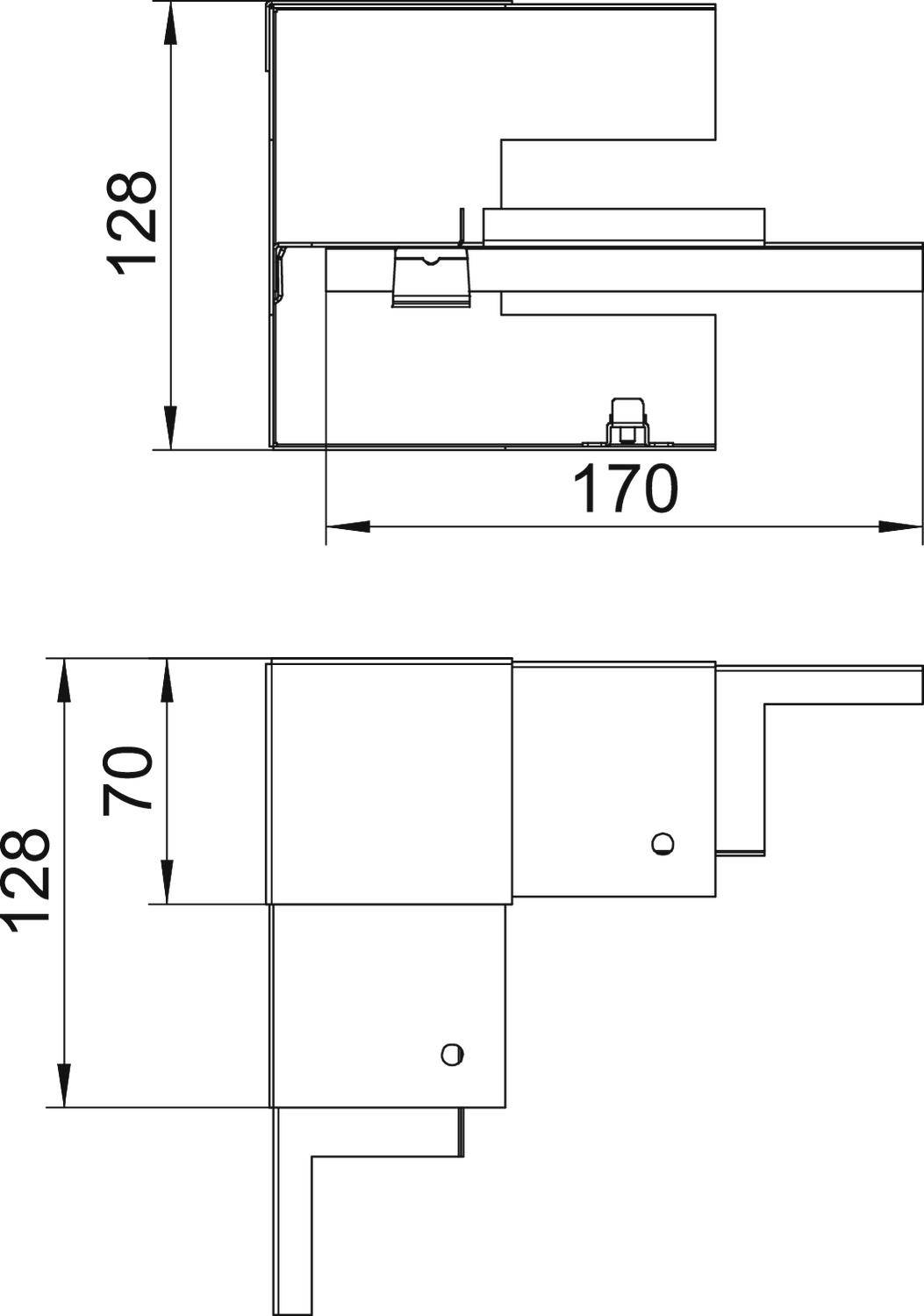Technische Zeichnung eines Querschnitts mit Bemaßungen: Höhe 128, Breite 170, weitere Breite 70. Zeigt Aufbau und Maße eines Bauteils.