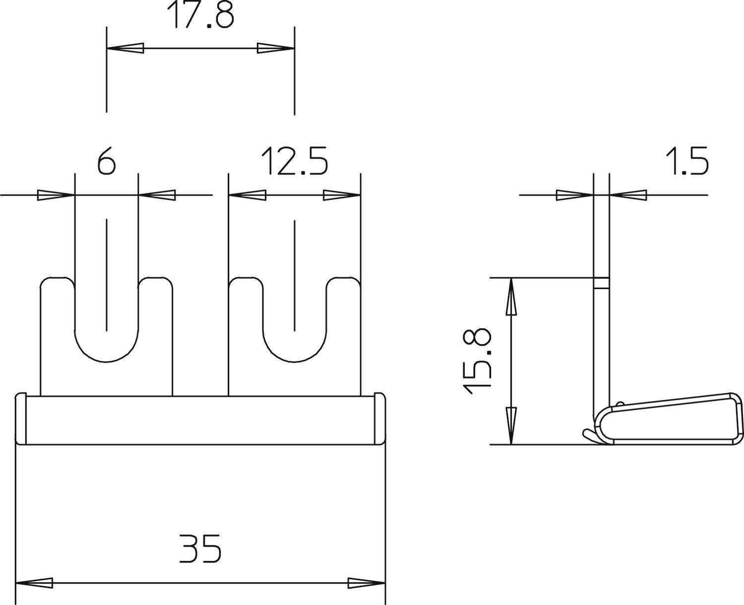 Technische Zeichnung einer Metallhalterung mit Maßen: Breite 35 mm, Höhe 15,8 mm. Details der inneren Ausschnitte und Abstände angegeben.