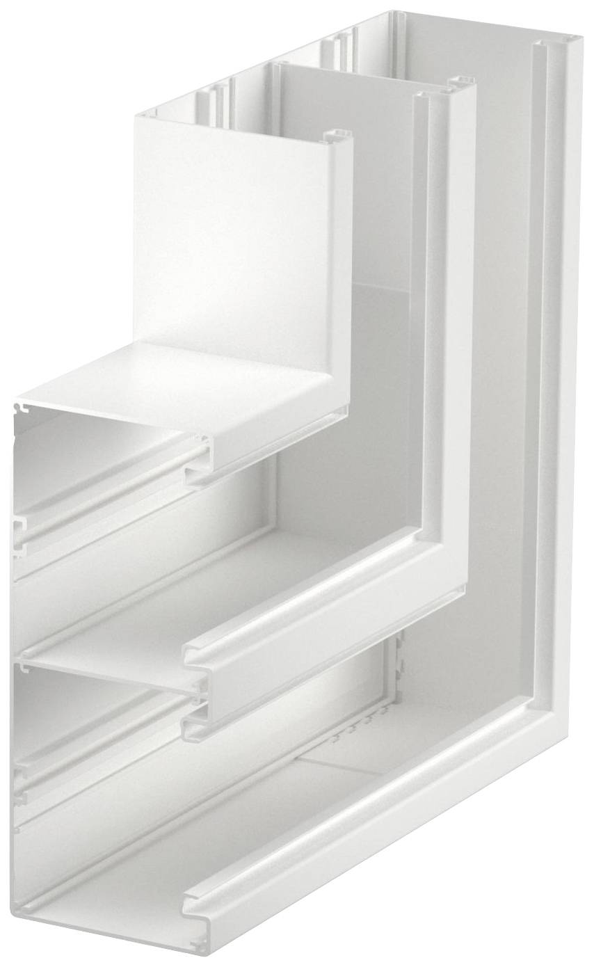 Ein weißes PVC-Profil zeigt einen Querschnitt eines Fensterrahmens mit mehreren Kammern zur Isolierung.