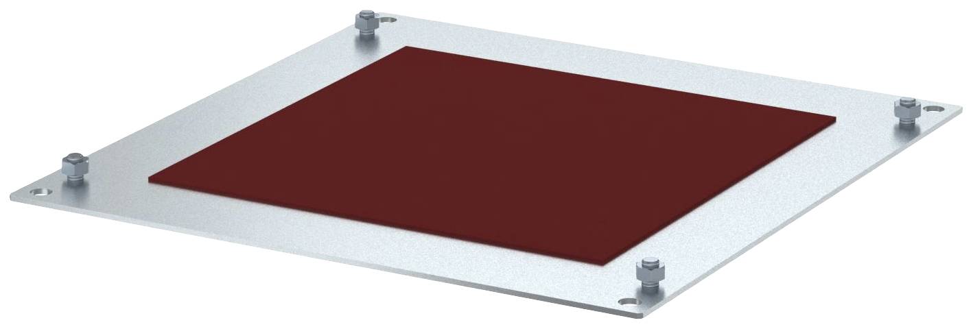 Metallplatte mit rotem Quadrat in der Mitte, gesichert durch vier Schrauben an den Ecken.