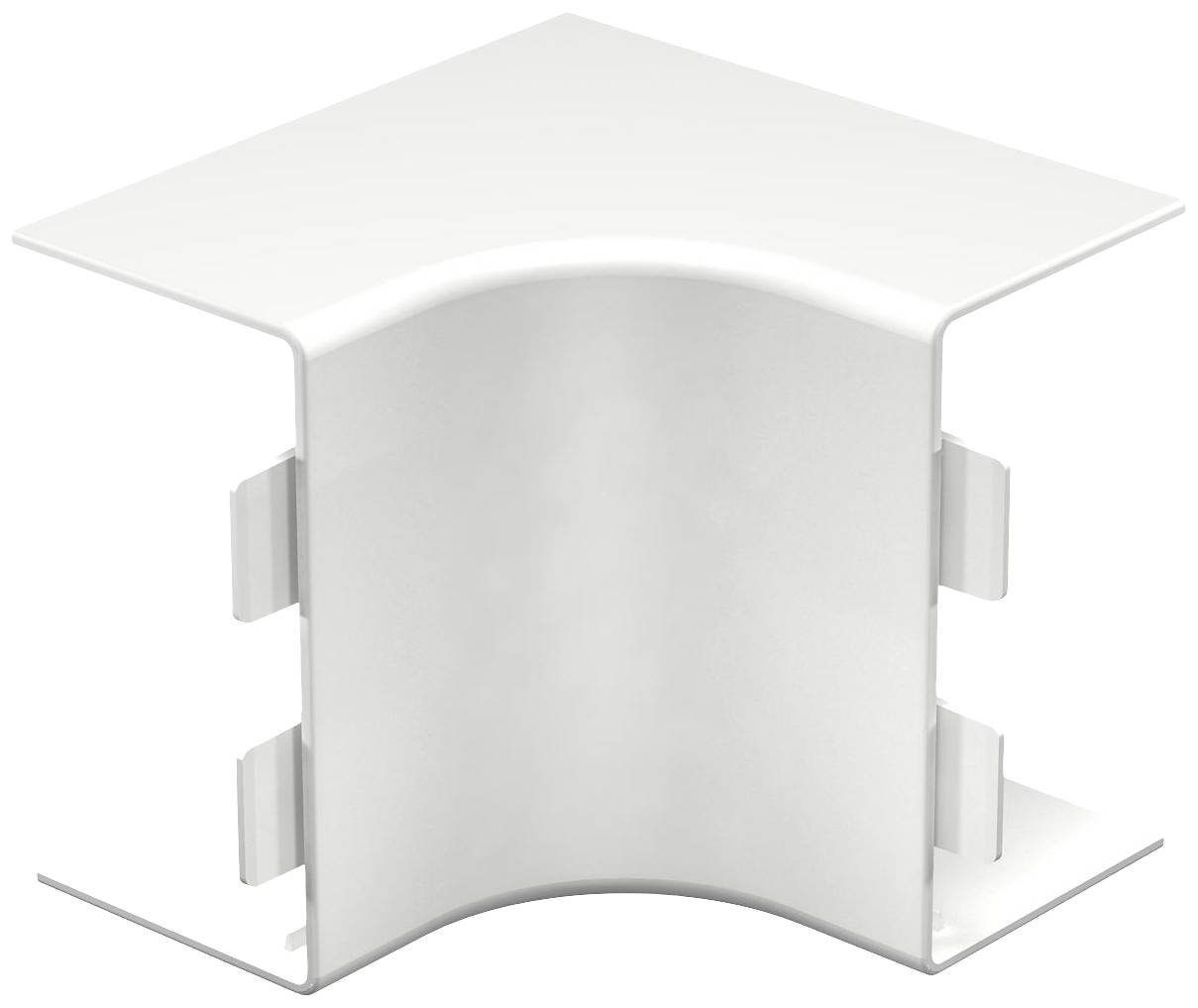 Weiße Kunststoff-Eckverbindung für Kabelkanäle mit abgerundeter Innenkante und seitlichen Clip-Haltern zur Befestigung.