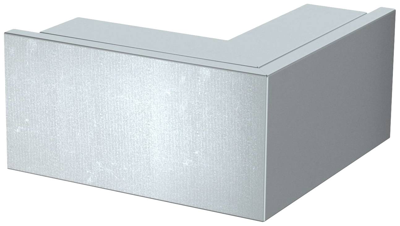 Graue, L-förmige Metallbox mit glatter Oberfläche auf weißem Hintergrund.