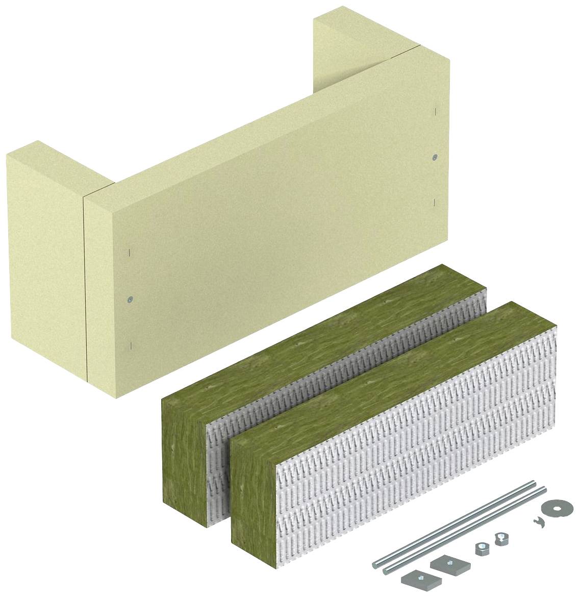 Zwei grüne Dämmplatten mit Zubehör für Wandmontage liegen nebeneinander. Oben eine beige, rechteckige Halterung.