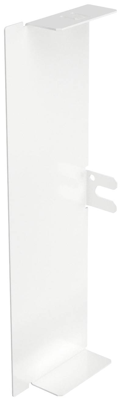 Weiße, vertikale Metallhalterung mit abgeschrägten Kanten und zwei Laschen in der Mitte.