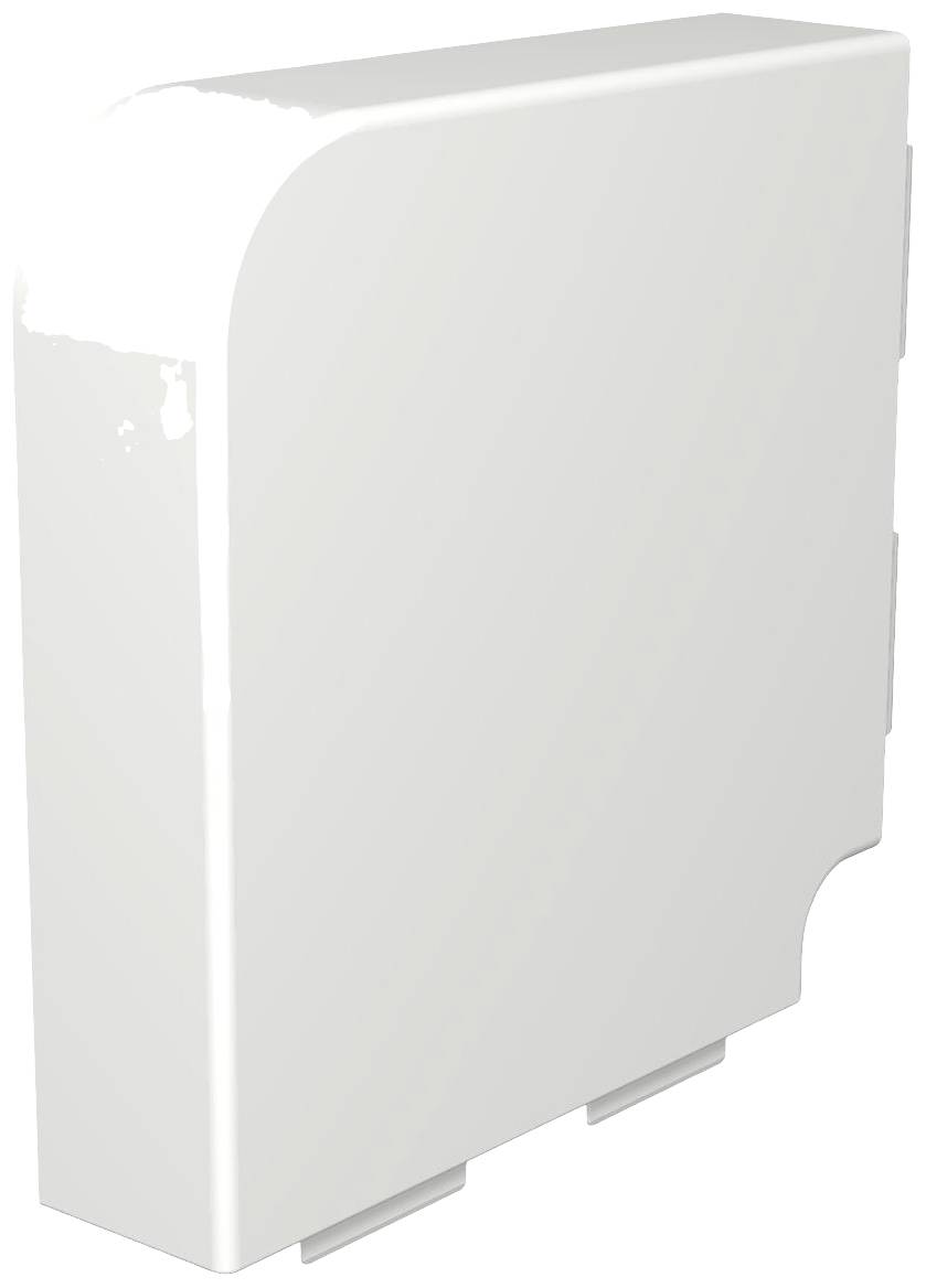 Ein weißes, rechteckiges Gerät oder Gehäuse mit abgerundeten Kanten und einer Aussparung an der Seite.