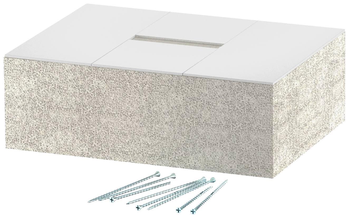 Ein rechteckiger Betonblock mit einer Öffnung oben. Darunter liegen mehrere grüne Schrauben.