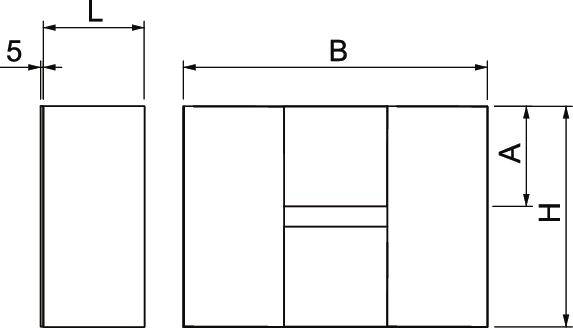 Ein technisches Diagramm zeigt zwei rechtwinklige Formen mit markierten Maßen: Breite (B), Länge (L) und Höhe (H).