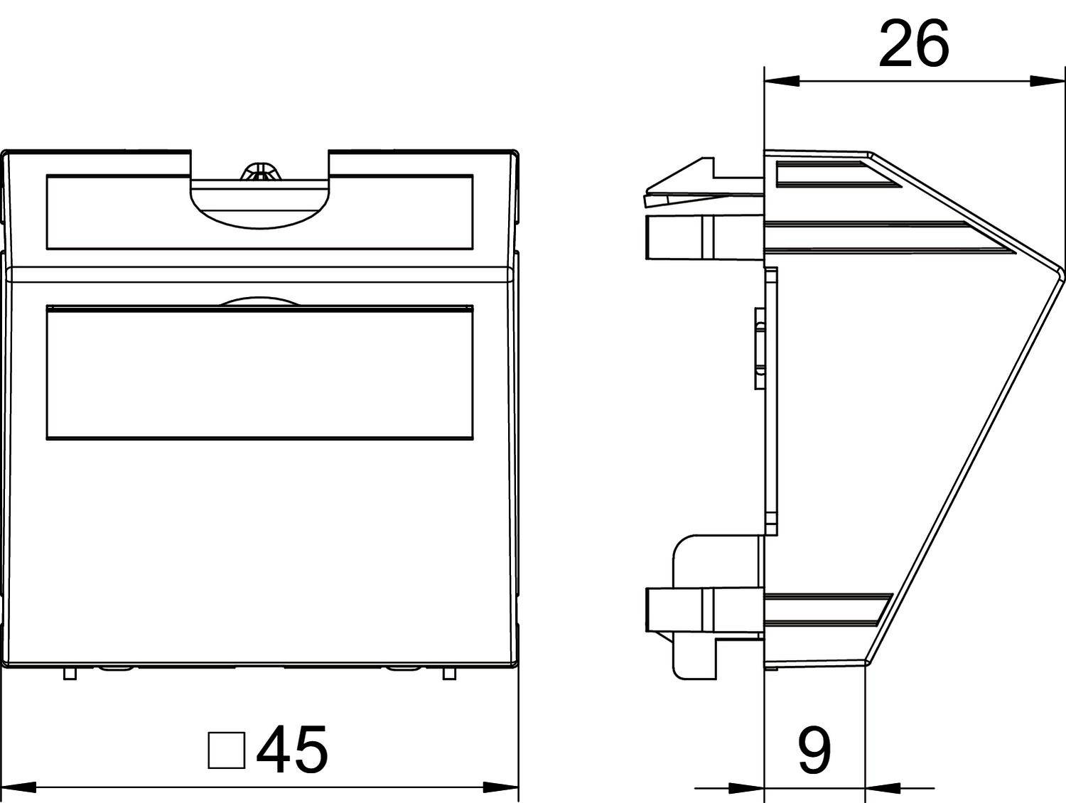 Technische Zeichnung eines elektronischen Geräts mit Abmessungen in Millimetern: Breite 45 mm, Tiefe 9 mm, Höhe 26 mm.
