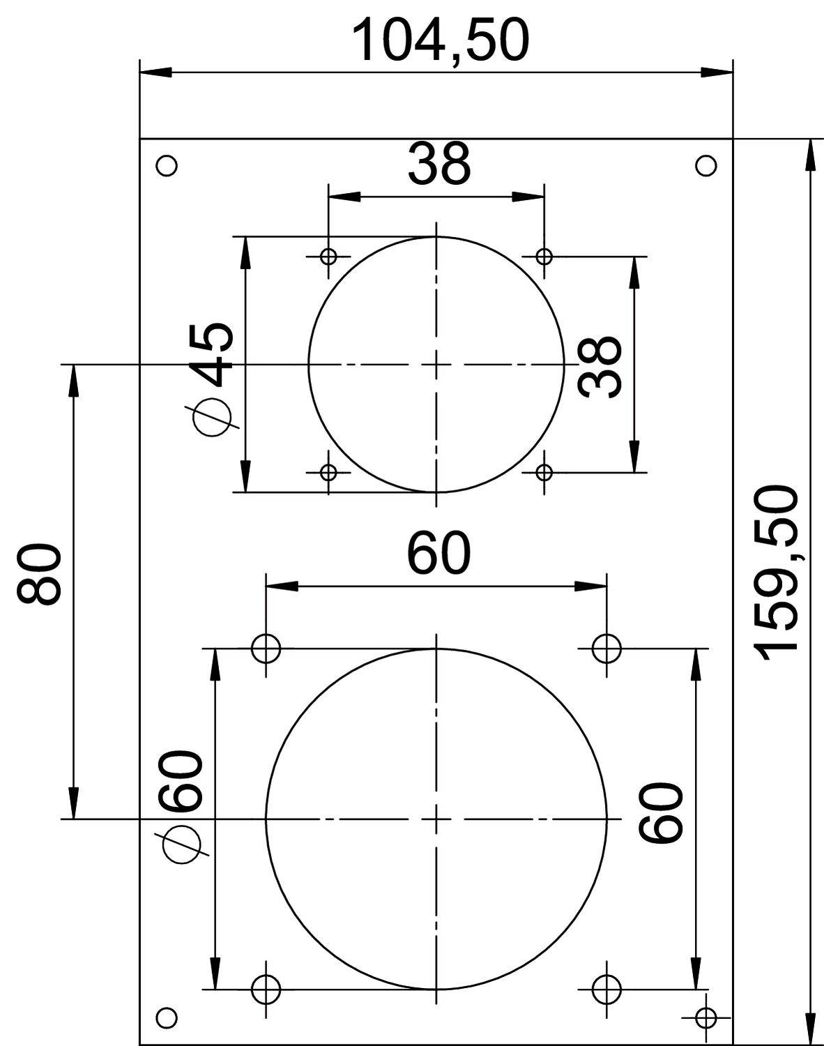 Technische Zeichnung mit zwei konzentrischen Kreisen auf einer rechteckigen Platte. Maße: 104,50 mm Breite, 159,50 mm Höhe.