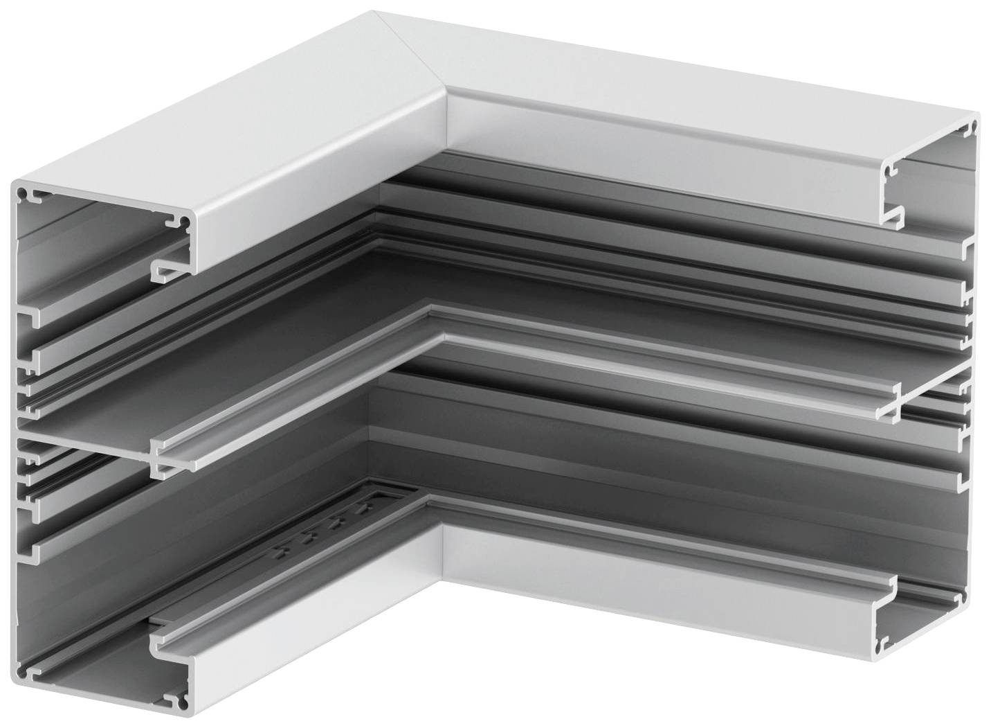 Aluminiumprofil in L-Form, zeigt Querschnitt mit mehreren Kammern und Verbindungselementen, geeignet für strukturelle Rahmen.