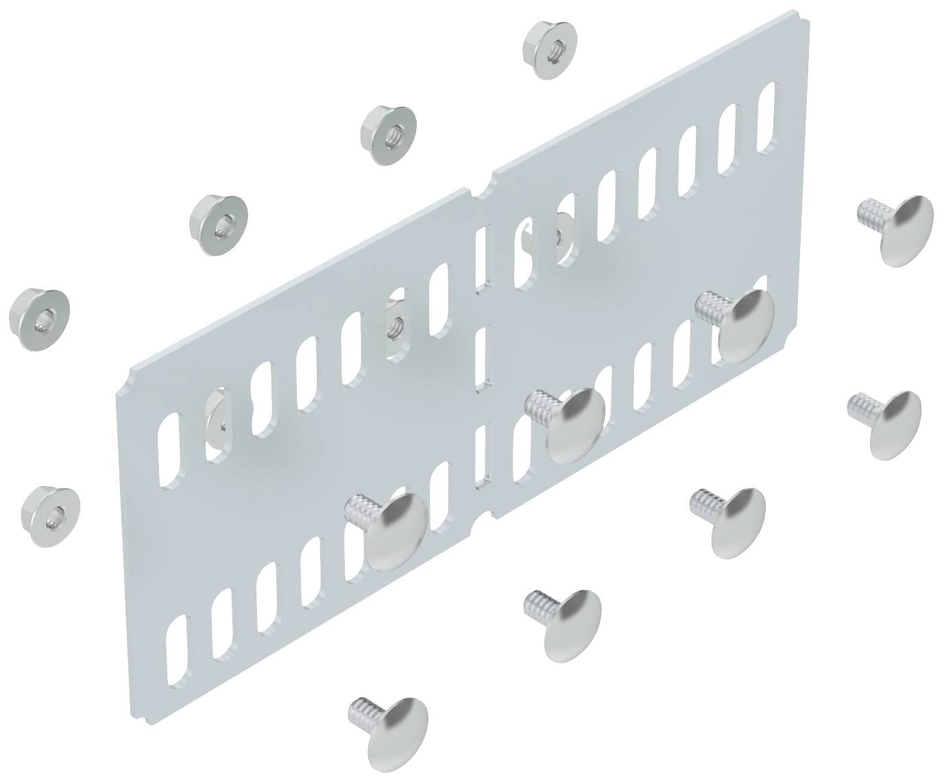 Eine weiße Metallplatte mit rechteckigen Ausschnitten, umgeben von mehreren Schrauben, die darauf zeigen.